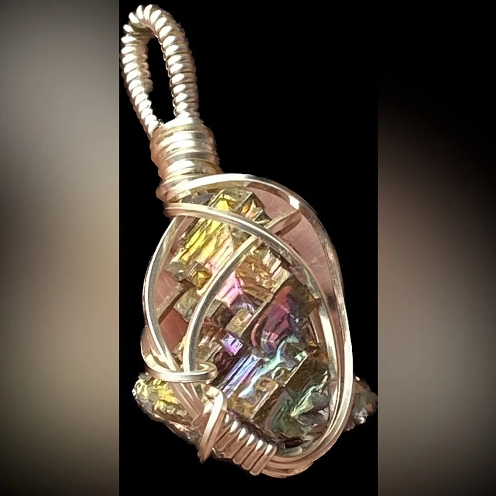 Artist Silver Wire cage wrapped pendant rainbow iridescent geometric bismuth